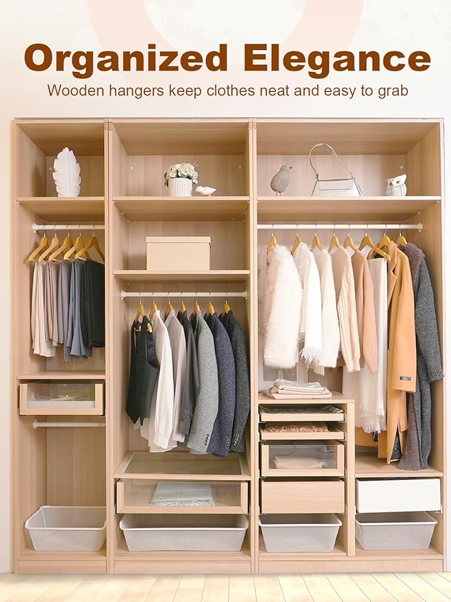 HOUSE DAY Wooden Hangers 20 Pack, Solid Wood Hanger with Non Slip Pant Bar, Heavy Duty Wooden Coat Hanger for Closet, Smooth Finish Wood Clothes Hangers for Shirts, Suits, Jackets, Dresses, Natural