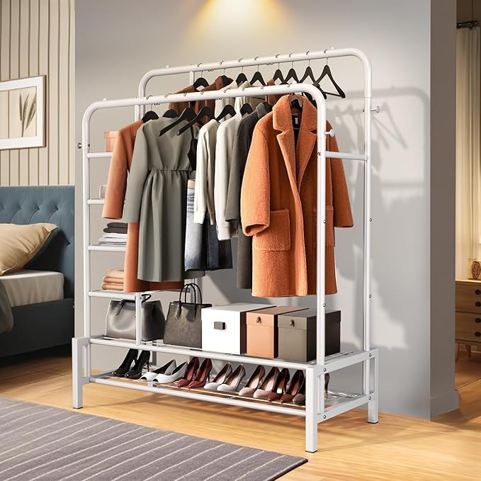 Clothes Rack, Double Rods Clothing Rack with 2 Bottom Shelves & 4 Side Shelves, Metal Garment Rack for Hanging Clothes, Heavy Duty Clothes Rack for Bedroom, Laundry, Living Room, White