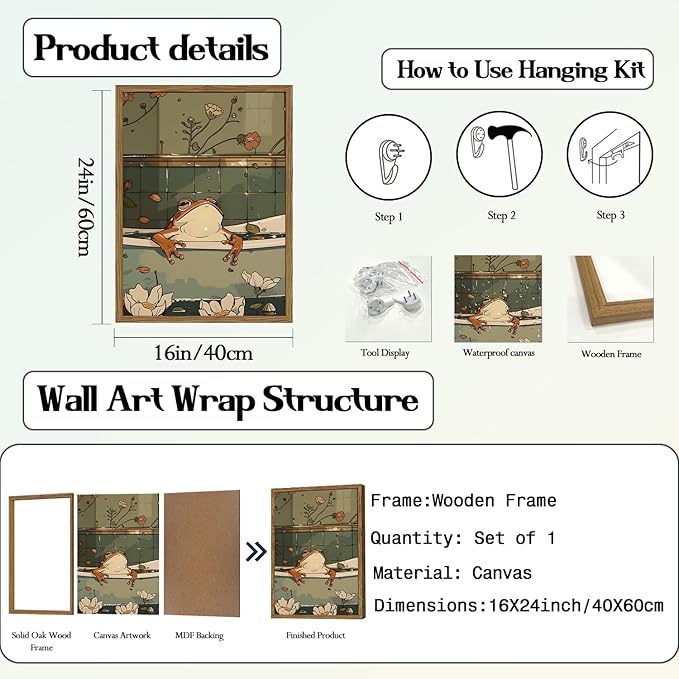 Funny Japanese Frog Bathroom Wall Art Whimsical Frog in Bathtub Wall Decor Painting Cute Animal Bathroom Poster Canvas Print Picture 16x24 inch Wood Framed