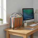 MyGift Black Metal and Caramel Brown Leatherette Magazine Rack – Tabletop or Floor Standing Sling Basket for Magazines, Newspapers, and Books