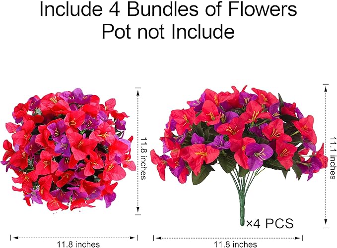 Bougainvillea Artificial Flowers for Outdoors Faux Plants Spring Decor, 4 Bundles Realistic Fake Silk Bougainvillea for Outside UV Resistant Faux Flowers for Outdoor Planters Porch Patio Garden Home