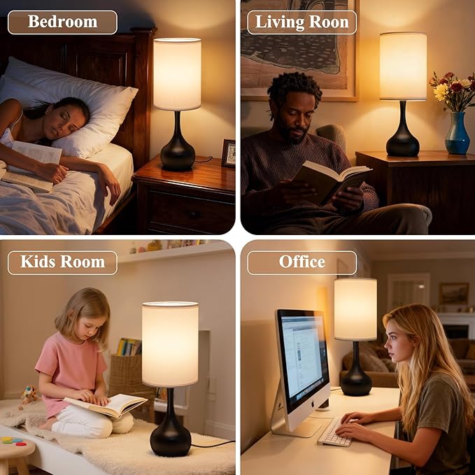 ONEWISH Touch Bedside Lamp for Bedroom, 3-Way Dimmable Table Lamps for Nightstand, White Fabric Shade Desk Lamp for Kids Reading, Living Room, Home Office