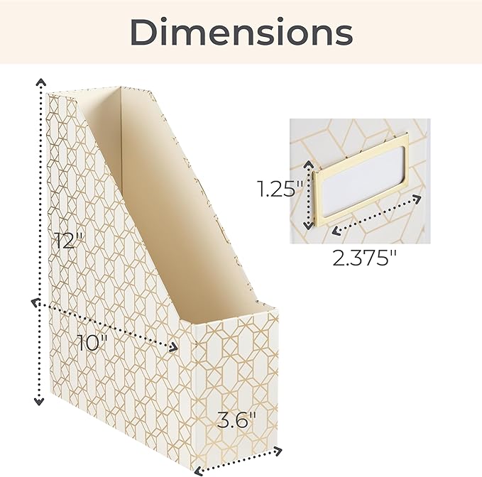 BLU MONACO | Cardboard Magazine File Holder Set of 4 | Vertical Magazine File Holder for Desk and Shelves | Cream Gold Foldable Magazine Holders with Label Slots