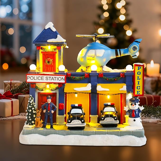 WONDER GARDEN Christmas Village Houses-Christmas Houses Village - Lighted Musical Police Station Collectible Buildings with Moving Car and Helicopter for Home Indoor Decor or Gift