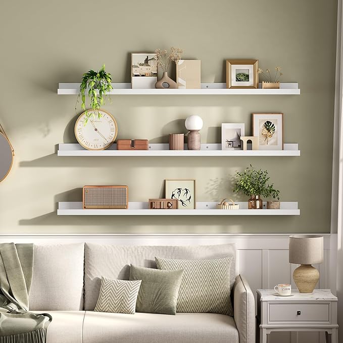 HOOBRO Floating Shelves, Wall Shelf Set of 3, 47.2 Inches Hanging Shelf with Raised Edge and Invisible Brackets, for Bathroom, Bedroom, Kitchen, Office, Living Room Decor, White WT92BJ01