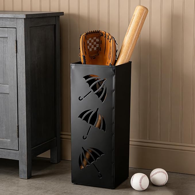 Metal Umbrella Holder, Square Stand for Entryway and Home Decor, 6.3" x 6.3" x 16.5" in Black, Sturdy Rack for Walking Canes and Umbrellas