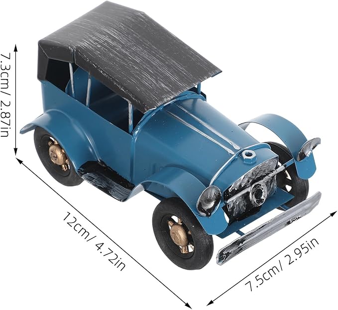 Vintage Metal Classic Car Model, Retro Automobile Figurine, Blue Antique Vehicle Ornaments Rustic Decor for Office Shelf Display