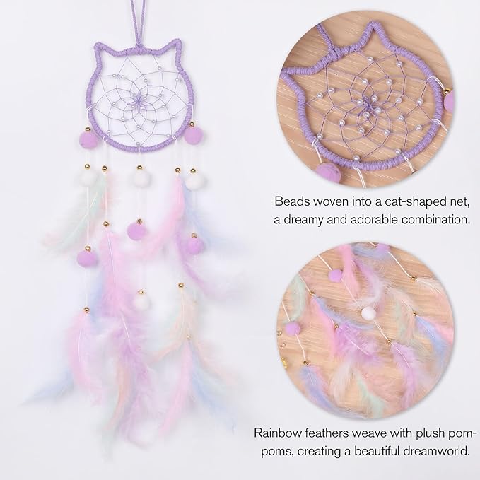 Pretty Jolly Purple Cat Kids Dream Catcher Wall Decor Pompom Feather Baby Dreamcatcher Handmade Children Dream Catcher Home Décor Wall Hanging for Nursery Bedroom Boys Girls Birthday Gift-25.6in