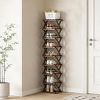 The 9-Tier No-Assembly Bamboo Rack, New Upgrade 9 Tier Bamboo Shoe Rack, Space-Saving Tall Narrow Accordion Shoe Rack for Entryway Closet Dorm (Brown-9)