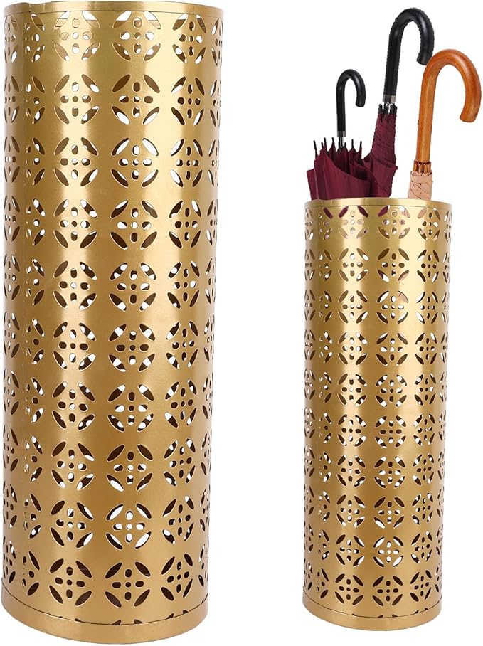 Fabater Umbrella Stand, Metal Umbrella Holder, Indoor Umbrella Rack Organizer with Hollow Design, Umbrella Storage for Entryway, Office, Home (Gold)