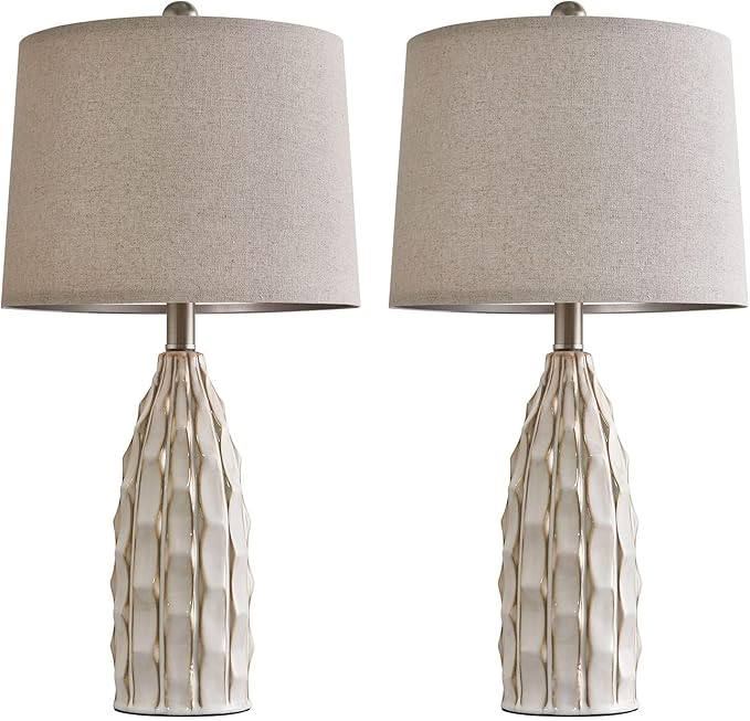 USumkky Ceramic Table Lamps Set of 2, 23.75" Modern Farmhouse Bedside Lamp - Cream Nightstand Lamps for Bedroom, Boho Living Room End Tables, Small Office Desk Lamp Decor