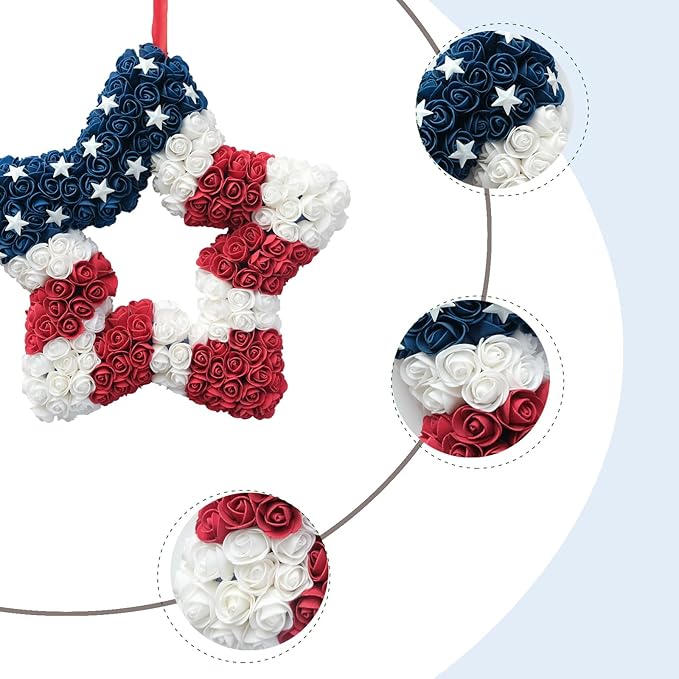 18 Inch Patriotic Red White Blue Large Star Shape Flower Wreath for Front Door, Forth of July American Flag Color Soft Touch Floral Wreath for Indoor and Outdoor, Independence Day Home Decor
