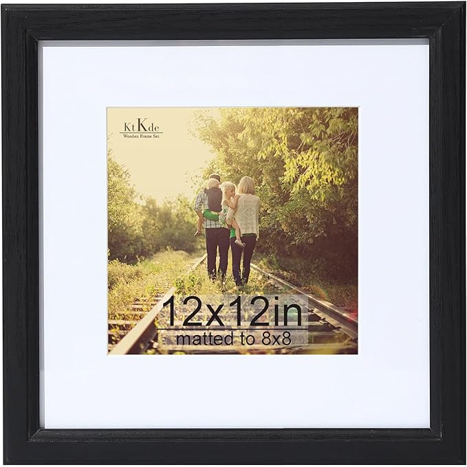 KTKDE 12x12 Picture Frame Real Glass, Display Pictures 8x8 with Mat or 12x12 Without Mat, Modern Style Wood Composite Frame,Gallery Wall Frame Wooden Black ，best gift
