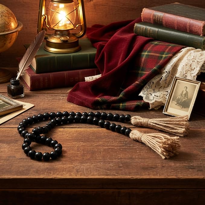 Equsion Seasonal Wooden Bead Garland with Tassels, 3.3 ft Holiday Vintage Boho Bead Garland Easter Tray Decoration, Vase Wall Room Art Birthday Party Decoration(Black)