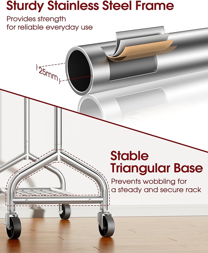 Heavy Duty Clothes Rack - Garment Rack with Extendable Side Rods & Bottom Shoe Shelf, 25mm Stainless Steel Frame with Wheels, 49.8–74.8'' x 62.6'' x 16.5'', Silver