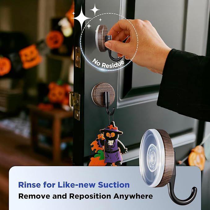 OUTXE Wreath Hanger for Front Door, Upgraded Suction Cup Reef Hook for Glass Window/Over Door, Christmas/Thanksgiving/Halloween/July 4th/Easter/Valentine/Spring/Summer/Fall (Walnut, 4-Pack)