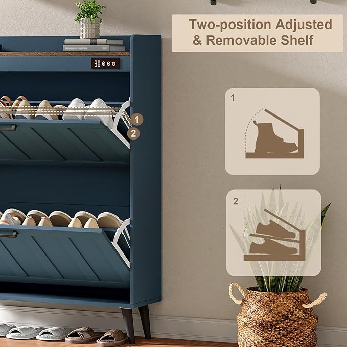 ChooChoo Shoe Storage Cabinet with 2 Flip Drawers, Deodorizing Shoe Organizer Storage for Entryway, Freestanding Hidden Slim Narrow Shoe Rack Cabinet, Blue