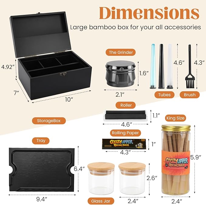 Large Bamboo Storage Box with Lock, Removable Wooden Tray, Airtight Rubber Seal Glass Jars, Decorative Lockable Wooden Organizer Box, Complete Accessories Gift Set