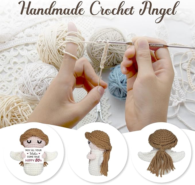 80th Birthday Gifts for Women Men, 1946 80th Birthday Decorations, Happy 80 Year Old Gifts for Family Friends - Handmade Positive Angel Crochet Doll