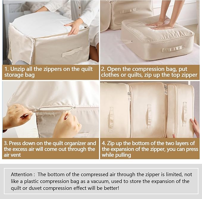 4 Pack Space Saving Comforter Storage Bag with Handle, 3-Layer Compression Blanket Storage Bags Adjustable In 3 Sizes (142L, 107L, 71L), Washable Bedding Organizer For Pillow Duvet Clothing Plush Toy