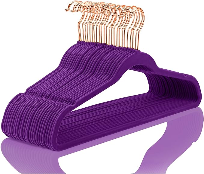 MIZGI Premium Velvet Hangers (50 Pack) Heavy Duty - Non Slip Felt Hanger - Velvet Suit Hangers Dark Purple - Rose Gold Hooks,Space Saving Clothes Hanger
