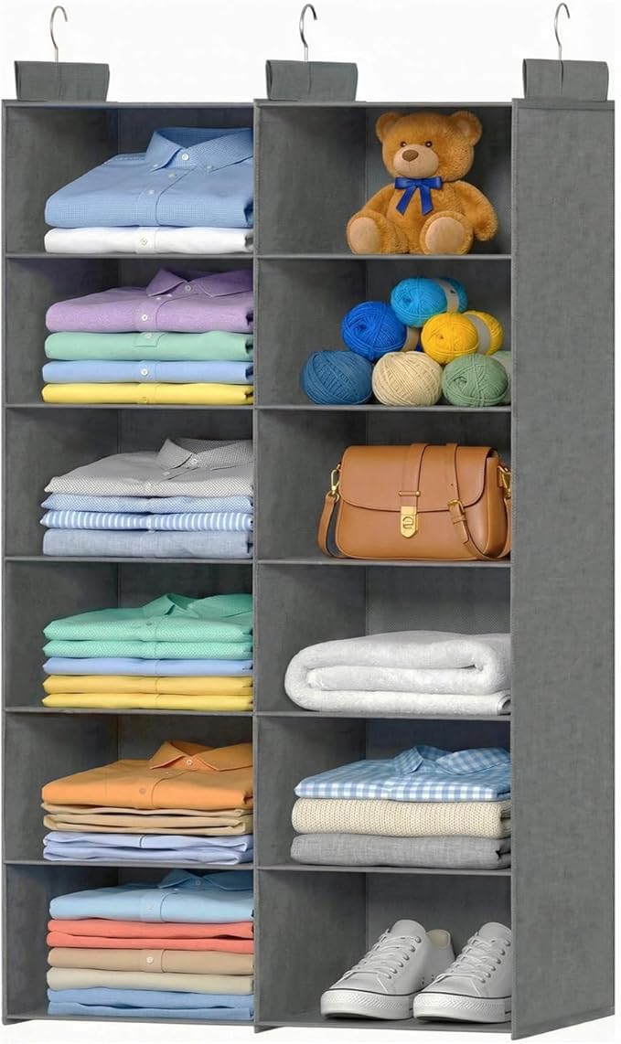 Space-Saving Hanging Closet Storage Organizer – Dual-Row Foldable Shelves with 3 Hooks, 6-Tier Wardrobe Organizer for Dorm, Bedroom, Closet (Grey)