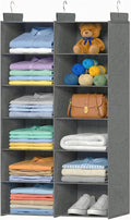 Space-Saving Hanging Closet Storage Organizer – Dual-Row Foldable Shelves with 3 Hooks, 6-Tier Wardrobe Organizer for Dorm, Bedroom, Closet (Grey)