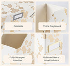 BLU MONACO | Set of 4 Foldable Magazine Storage Boxes with Gold Floral Pattern | Decorative Vertical File Organizers with Gold Label Holders for Desk, Shelves & Home Office