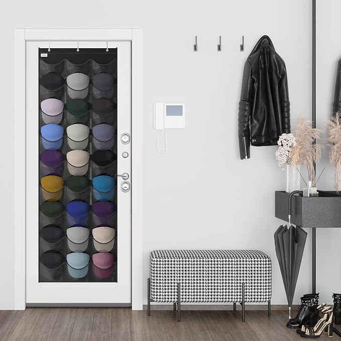 Unjumbly Baseball Hat Rack, 27 Pocket Over-The-Door Hat Organizer with Clear Deep Pockets to Display Baseball Caps Collection, Complete with 3 Over Door Hooks (Black, 27 Pockets)