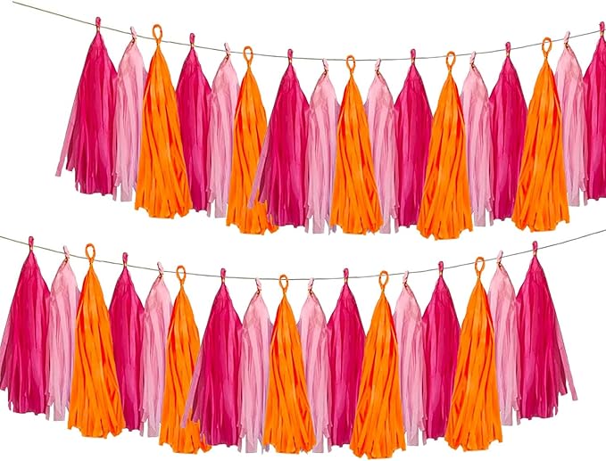 Hot Pink and Orange Paper Tissue Tassel Garland Banner for Pink and Orange Party Decorations,15 Pcs