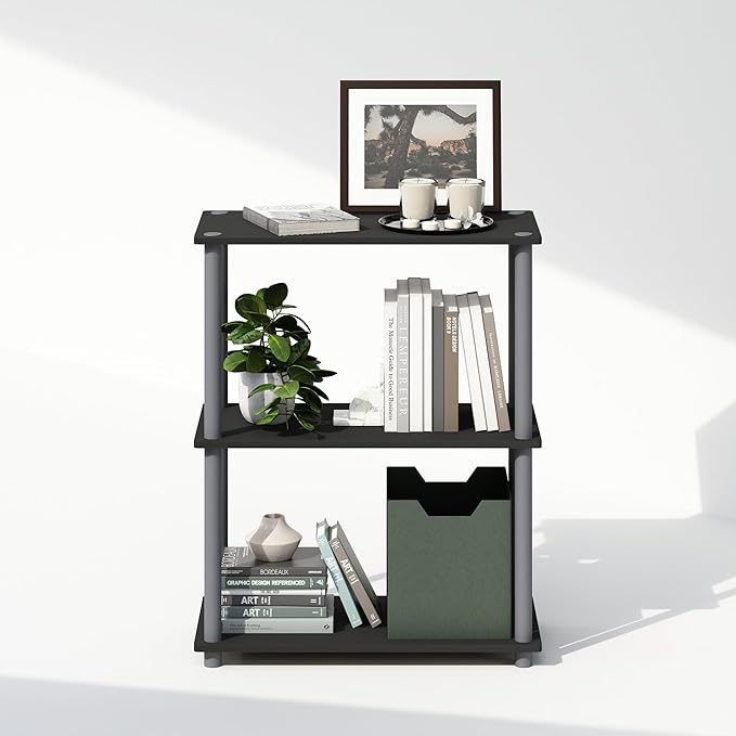 Furinno Turn-N-Tube Book Shelf, 3-Tier Bookshelf, Bookcase with Multipurpose Compact Display Rack, 11.6 x 23.6 x 29.6, for Living Room, Bedroom, Home Office, Black/Grey