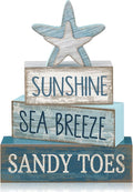 Lineshading 4 Pcs Summer Table Decoration Coastal Wooden Stacked Block Decor, Sunshine Sea Breeze Sandy Toes Signs with Starfish, Rustic White and Blue Beach Tiered Tray Decor for Home Entryway