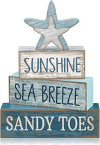Lineshading 4 Pcs Summer Table Decoration Coastal Wooden Stacked Block Decor, Sunshine Sea Breeze Sandy Toes Signs with Starfish, Rustic White and Blue Beach Tiered Tray Decor for Home Entryway