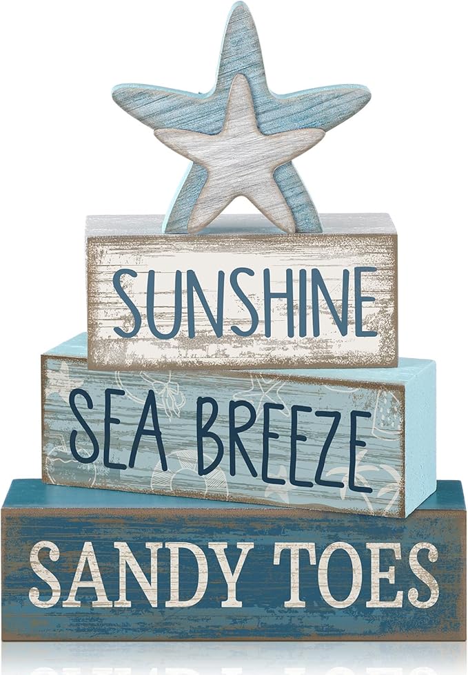 Lineshading 4 Pcs Summer Table Decoration Coastal Wooden Stacked Block Decor, Sunshine Sea Breeze Sandy Toes Signs with Starfish, Rustic White and Blue Beach Tiered Tray Decor for Home Entryway