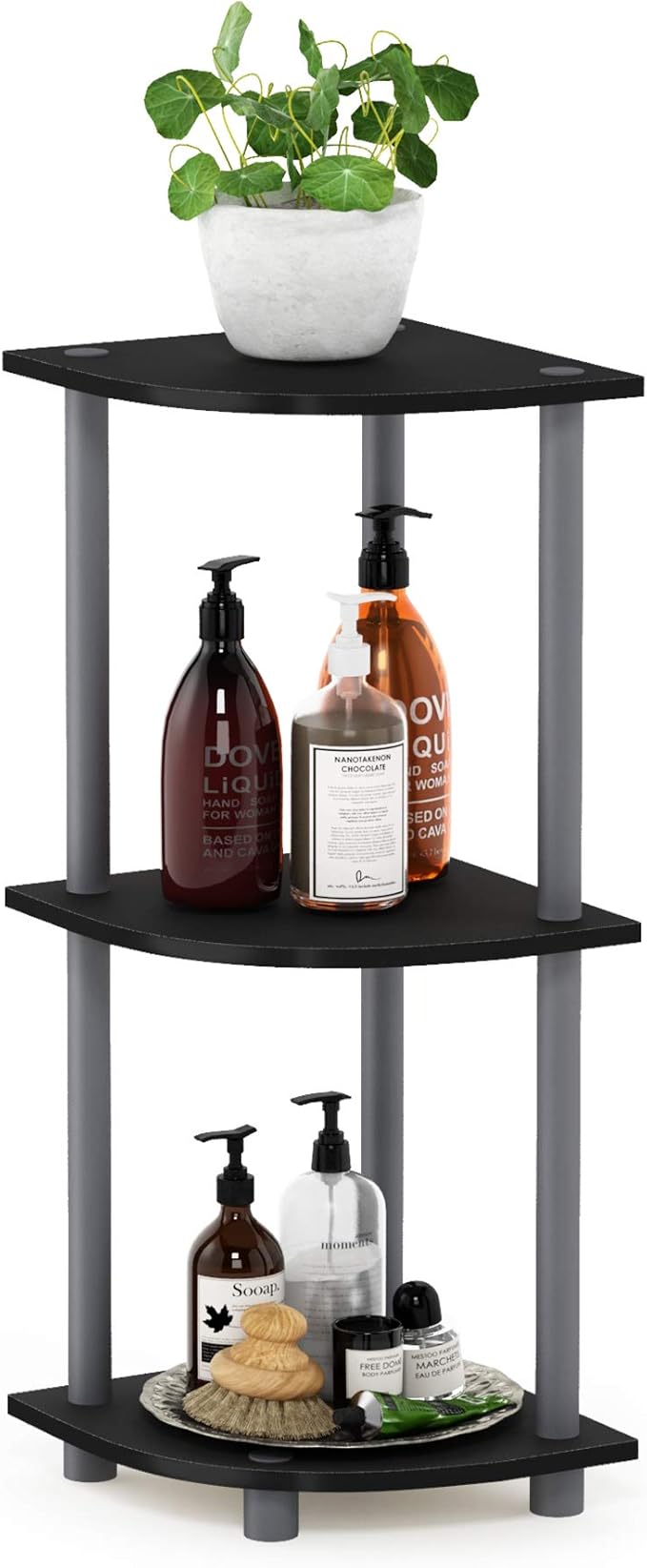Furinno TURN-N-TUBE Corner Shelf, 3-Tier Corner Bookshelf, Display Storage Shelves with Open Shelves, for Organization and Storage, Living Room, Home Office, Garage, Black