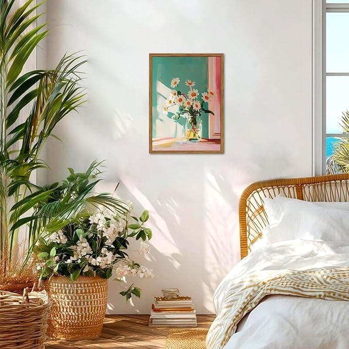 Framed Moody Floral Canvas Wall Art, Vintage Daisy Flower Pictures Wall Decor, Rustic Wildflower Paintings Prints Cottagecore Home Decor for Living Room Bedroom Bathroom 16x24 inch