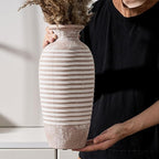 Emotionally Grounded Vase, Vaseking Large Ceramic Rustic Vase, 14.4 inch Minimalist Threaded Decorative Farmhouse Tall Vases for Home Decor, Living Room, Enterway, Table Decoration, Khaki