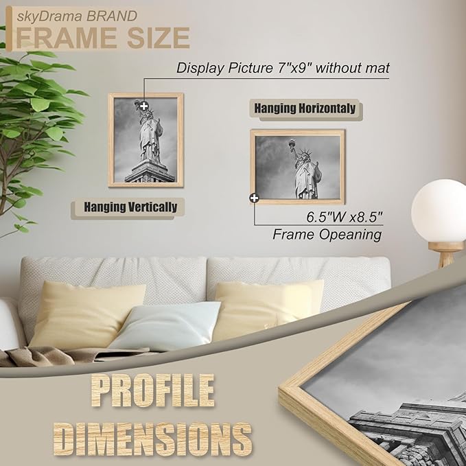 Natural Solid Wood 7x9 Picture Frame, Display 7 x 9 Inch Picture Poster Photo, Vertical & Horizontal Wall Hanging - 2 Pack/Natural/7"x9"