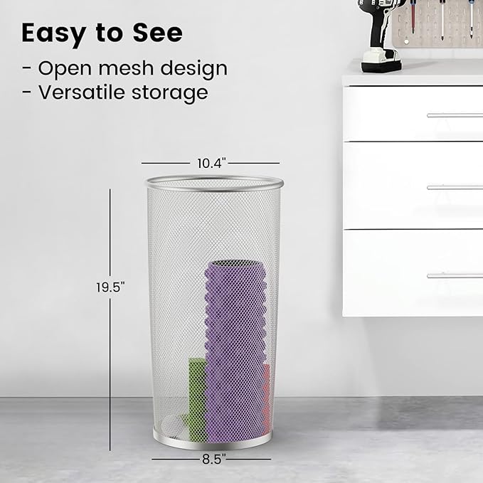 19.5" H Mesh Umbrella Stand - Ventilated Mesh Umbrella Holder for Entryway - Extra Capacity Storage for Umbrellas Canes & More - Freestanding Indoor Organizer 10.4" L x 10.4" W x 19.5" H - 2P Silver