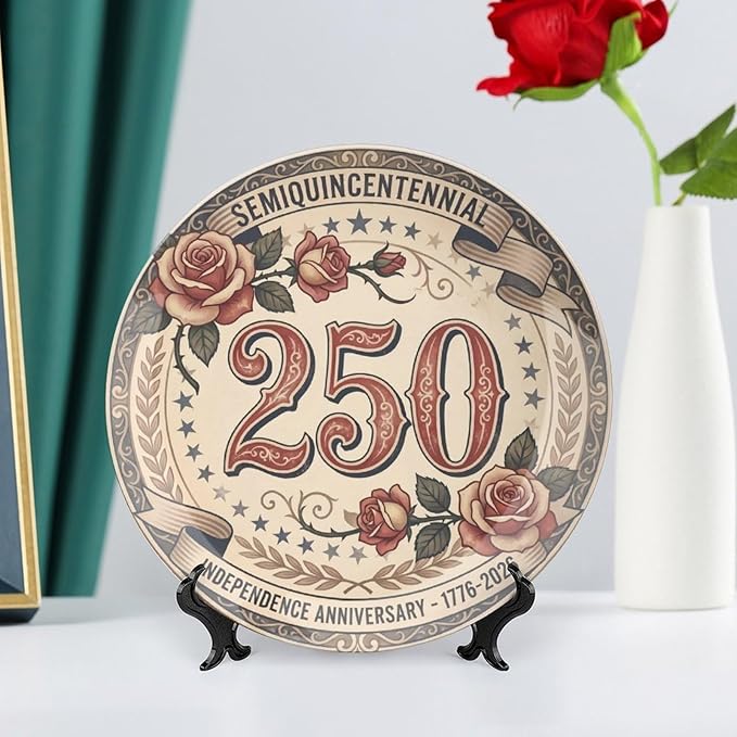 250th Anniversary Decorative Plates 10 Inch Vintage Floral Patriotic Decorations Commemorative Plates with Stand Semiquincentennial 4th of July Veterans Day Home & Office