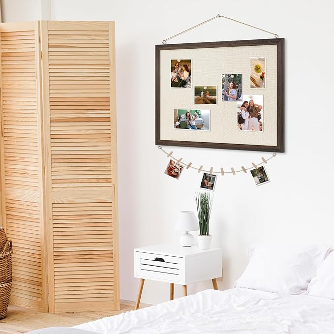 DOLLAR BOSS Bulletin Board with Linen 36'' x 24'' Wood Framed Cork Boards for Walls, Photo Display Pin Board, Decorative Corkboard for Office Home School Dorm Decor with 10 Pushpins, Dark Walnut