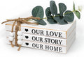 3 Pieces Wooden Decorative White Books, Rustic Farmhouse Faux Books for Coffee Table Shelves with Wood Bead Tassels and Leaves, 7'x 4.6'x 2.5' (Our Love, Our Story, Our Home)