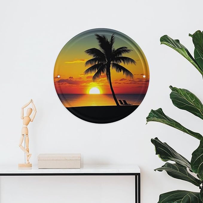 Wall Picture, with Sunset Palm Tree Printed Circular Iron Hanging Picture,Wall Art Decor,Home for Bedroom Living Room Bathroom Decor,Iron Painting 11.8X11.8 in