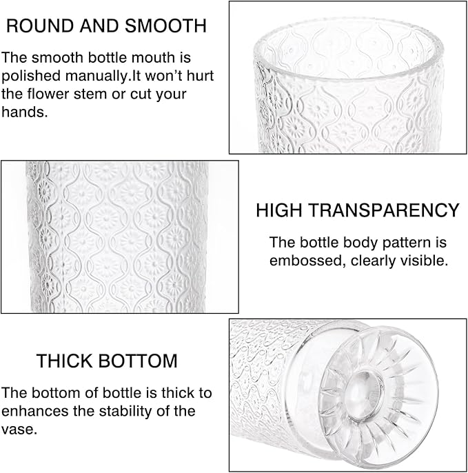 Fixwal Vases for Flowers Set of 3 Vintage Glass Vase for Centerpieces, Embossed Base Vases for Wedding Decoration (H:7" D:4"), Ribbed Glass Containers for Organization for Home Decor