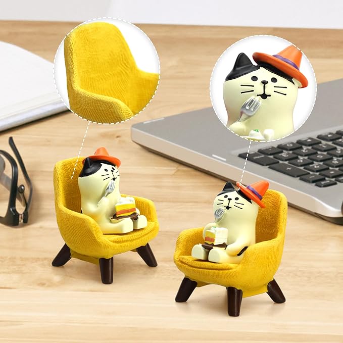 RAQWI Cute Kitten Figurine Eating Cake on Yellow Sofa, Mini Resin Cat Statue for Office Desk & Home Decoration, Adorable Easter Spring Gift for Cat Lovers, Women, Friends