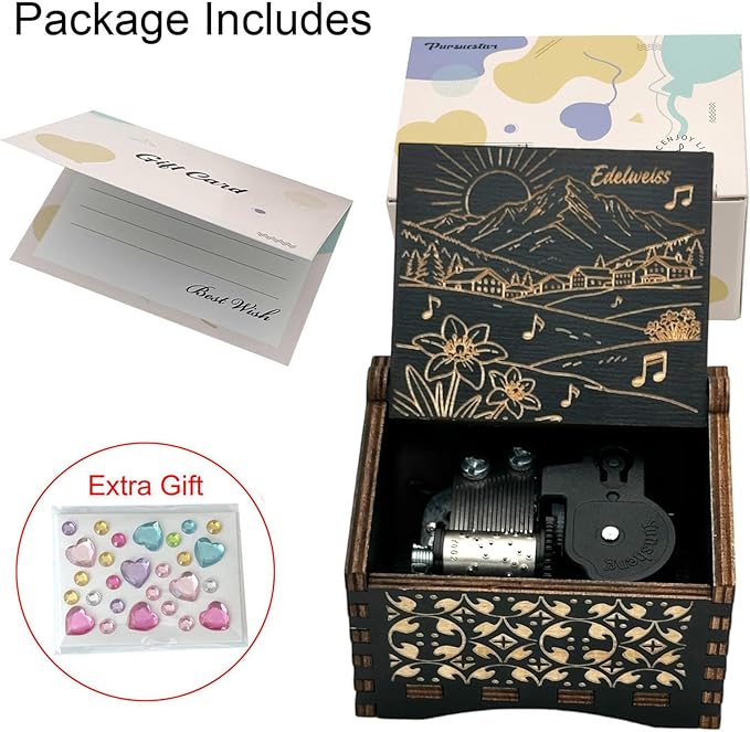 Pursuestar Edelweiss Wind Up Music Box, Vintage Engraved Wood Mechanism Musical Gifts for Birthday Mother's Day Valentine's Day Christmas Thanksgiving