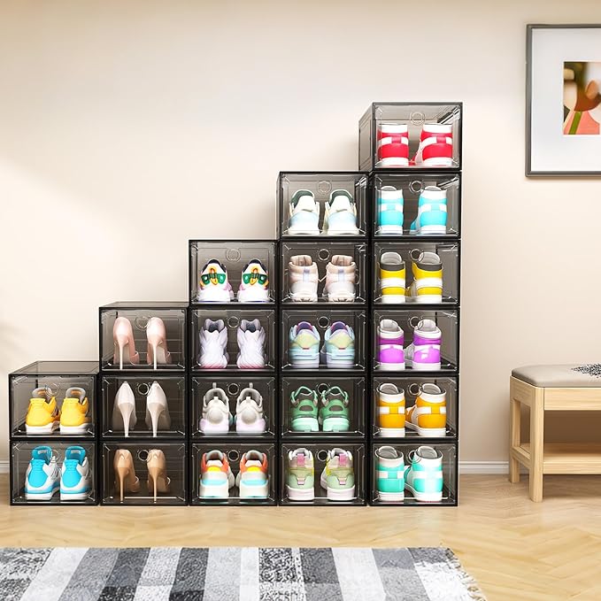 12 Pack Upgrade Harder Shoe Organizer, Shoe Storage with Magnetic Front Door, Clear Shoe Boxes Foldable Space-Saving Shoe Rack for Sneaker Boot Container, Black