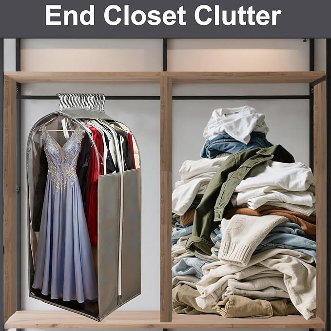 15" Gusseted Long Dress Bags for Gowns,60" Clear Garment Bags for Hanging Clothes, Completely Sealed Storage Covers and Dust-proof Protector with Full Heavy-duty Side Zipper for Travel, 4-Pack
