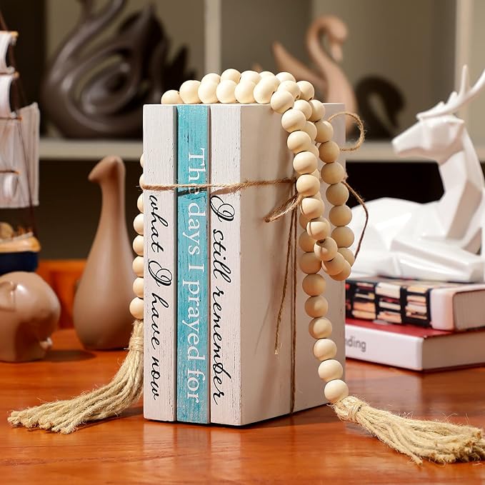 Jetec 3 Pcs Decorative Display Books Hardcover White Home Decor Coffee Table Faux Farmhouse Stacked Fake Decorative Books with Wood Bead Tassels for Shelves Kitchen, 58 Inch, I Still Remember