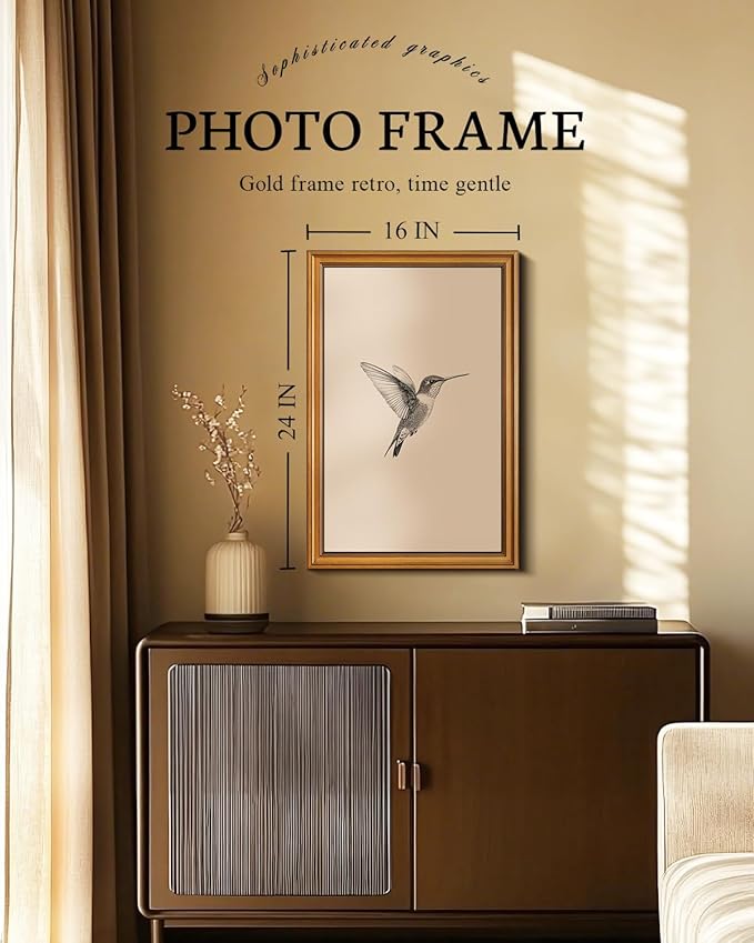 VIYYIEA Vintage Gold Framed Wall Art for Living Room, Birds Canvas Prints Home Decor, Sketch Painting Picture, Bedroom Wall Decor Gifts for Friends or Family -【Hummingbird】-(24L x 16W)